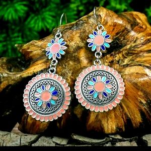 NEW Boho Tibetin Silver Dangle Drop Earrings Coral Turquoise